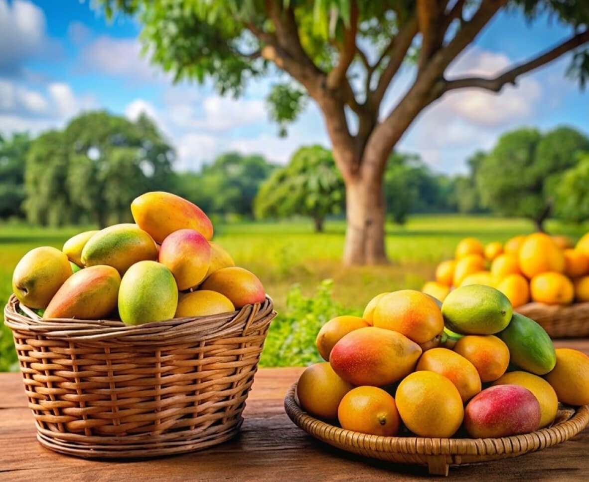 Mango baskets under orchard trees