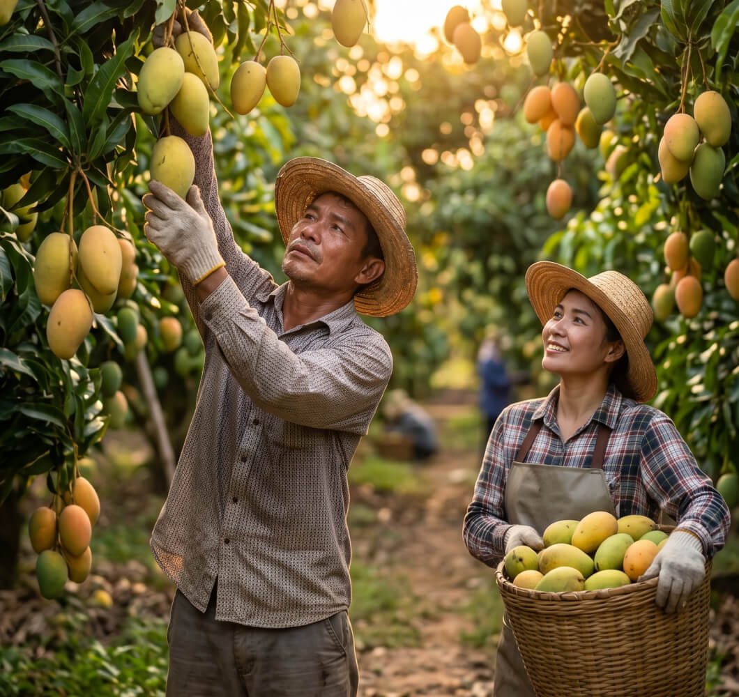Farm workers picking Mangoes